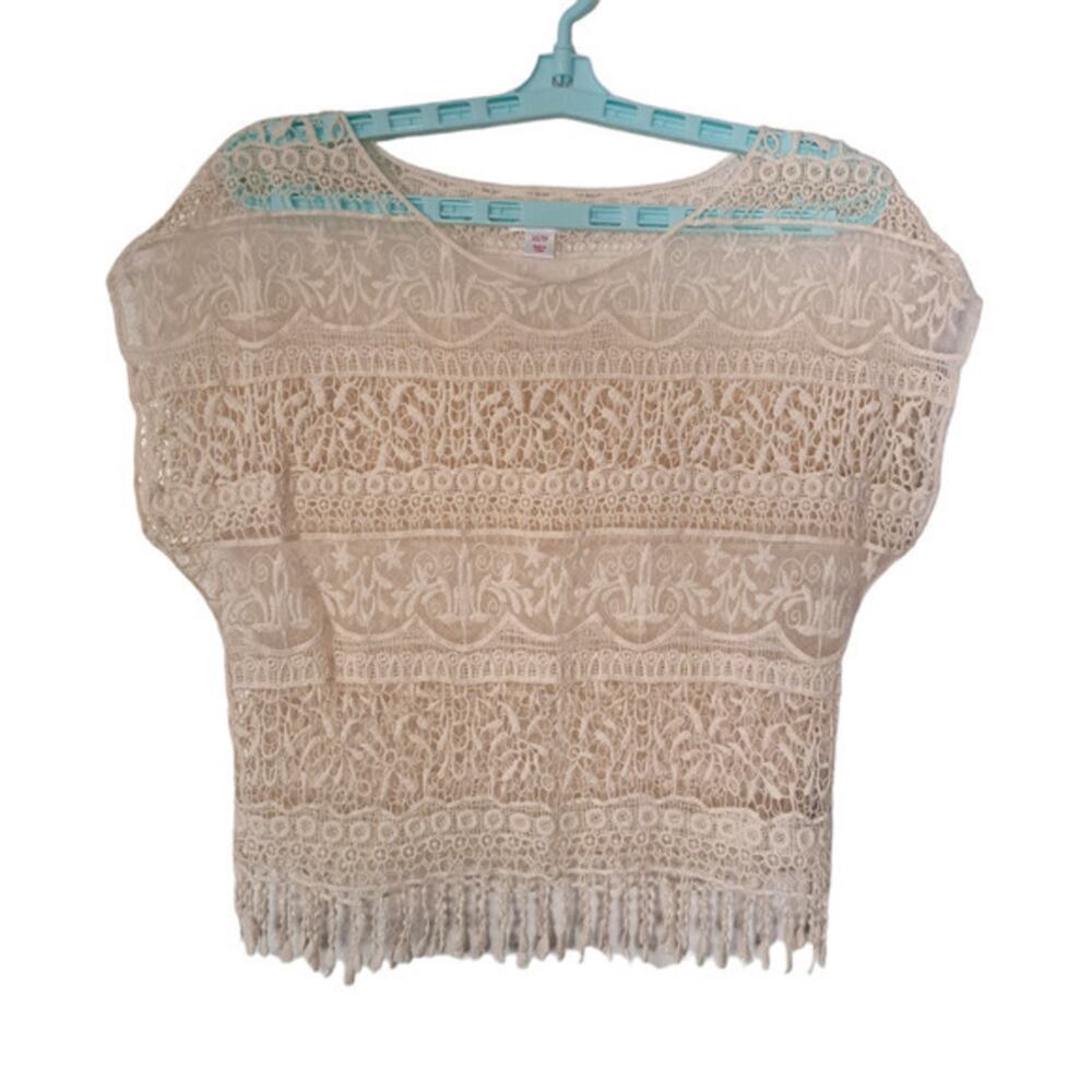 Xhilaration Short Sleeve Floral Crochet Lace Fringe Cover up Cream Sz XS